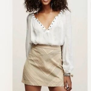 Free People Skirt Womens Size 8 Yours Truly Tan Neutral Stripe Mini Linen Blend